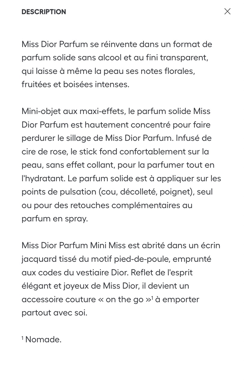Modale du site dior avec + de description du produit