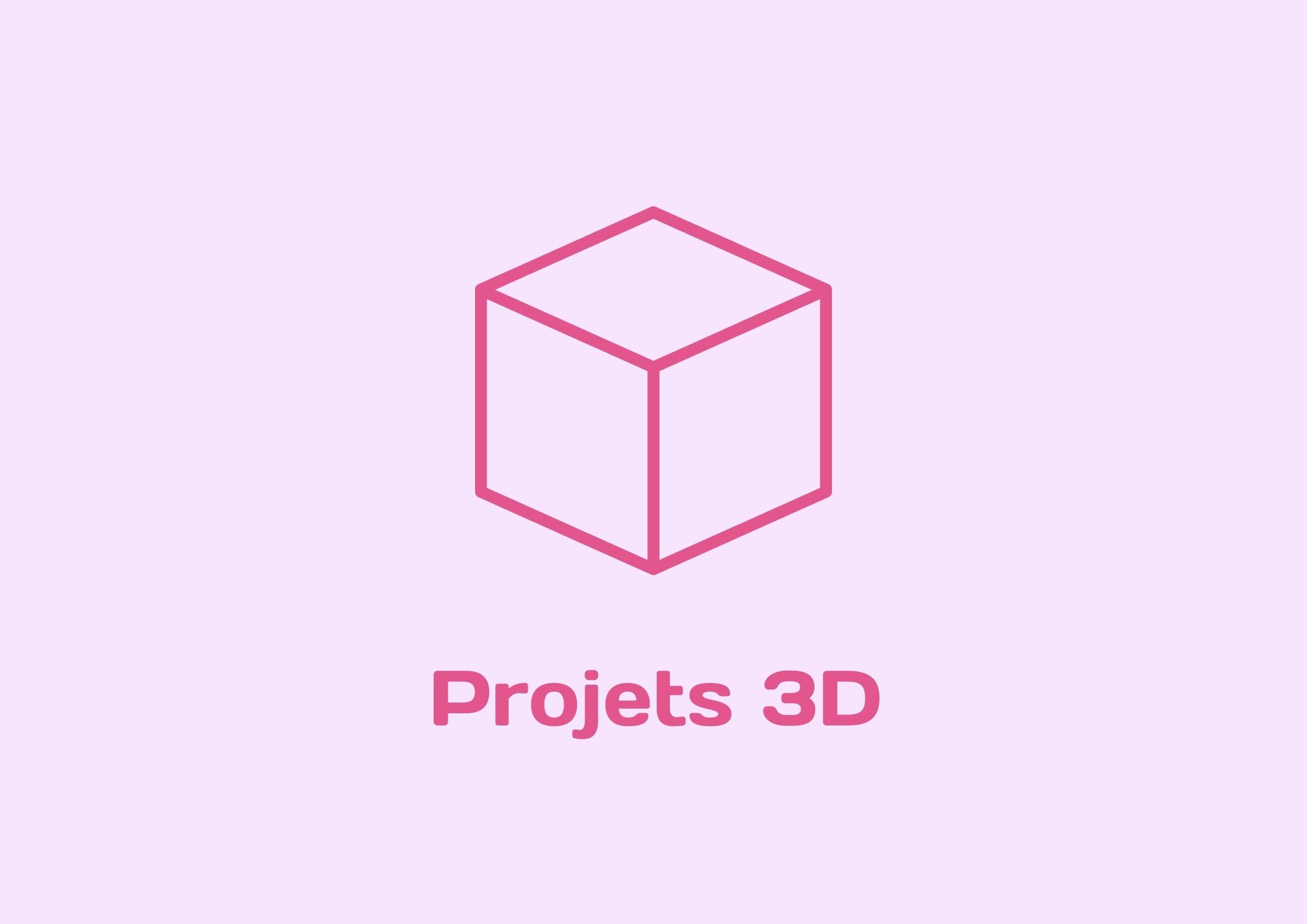 affiche pour mes projets réalisés en 3D, contenant un cube rose framboise ainsi qu'un titre 'projet 3D' de la même couleur