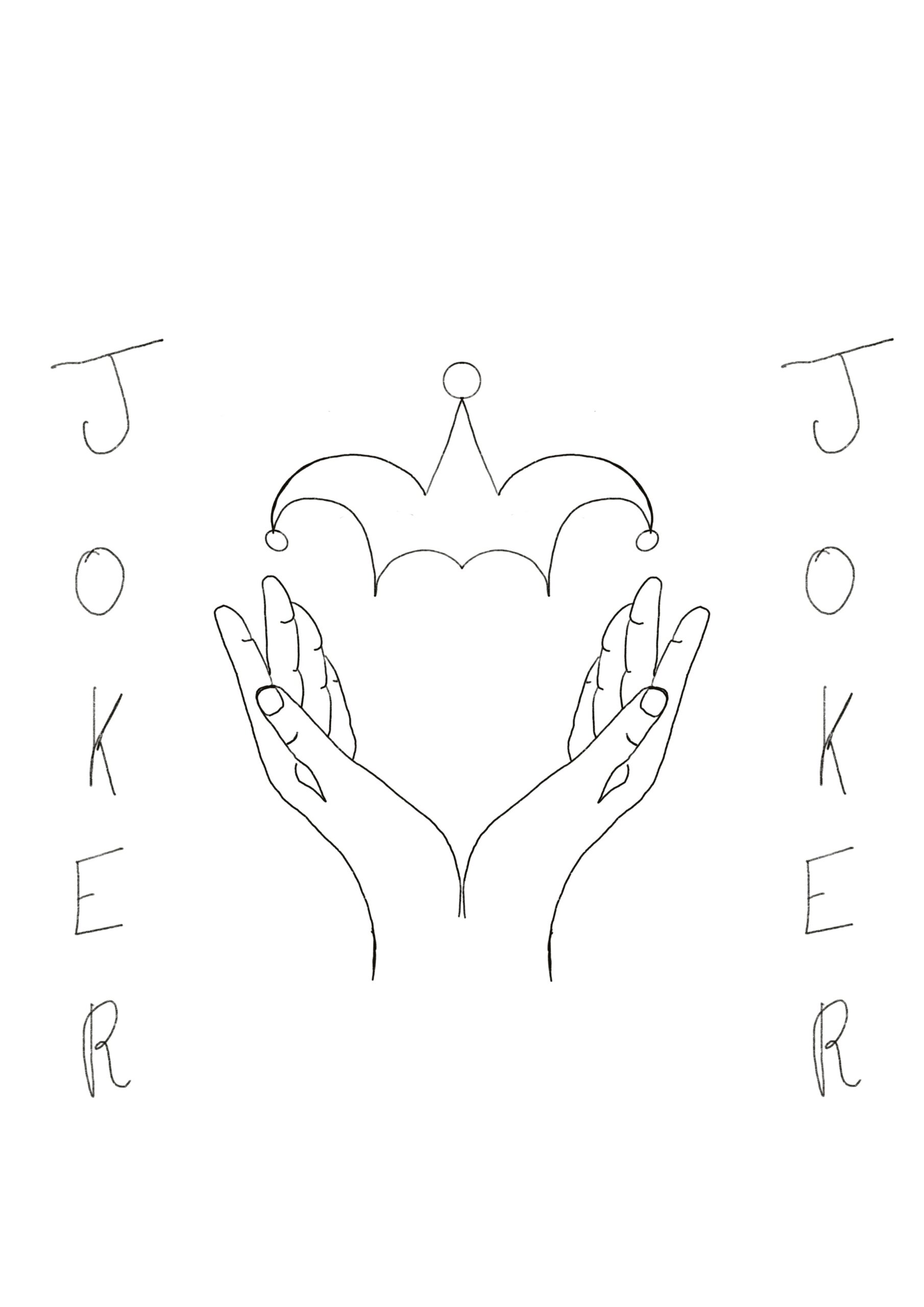 mains dessinées avec un chapeau de joker entre avec ecriture joker de chaque coté