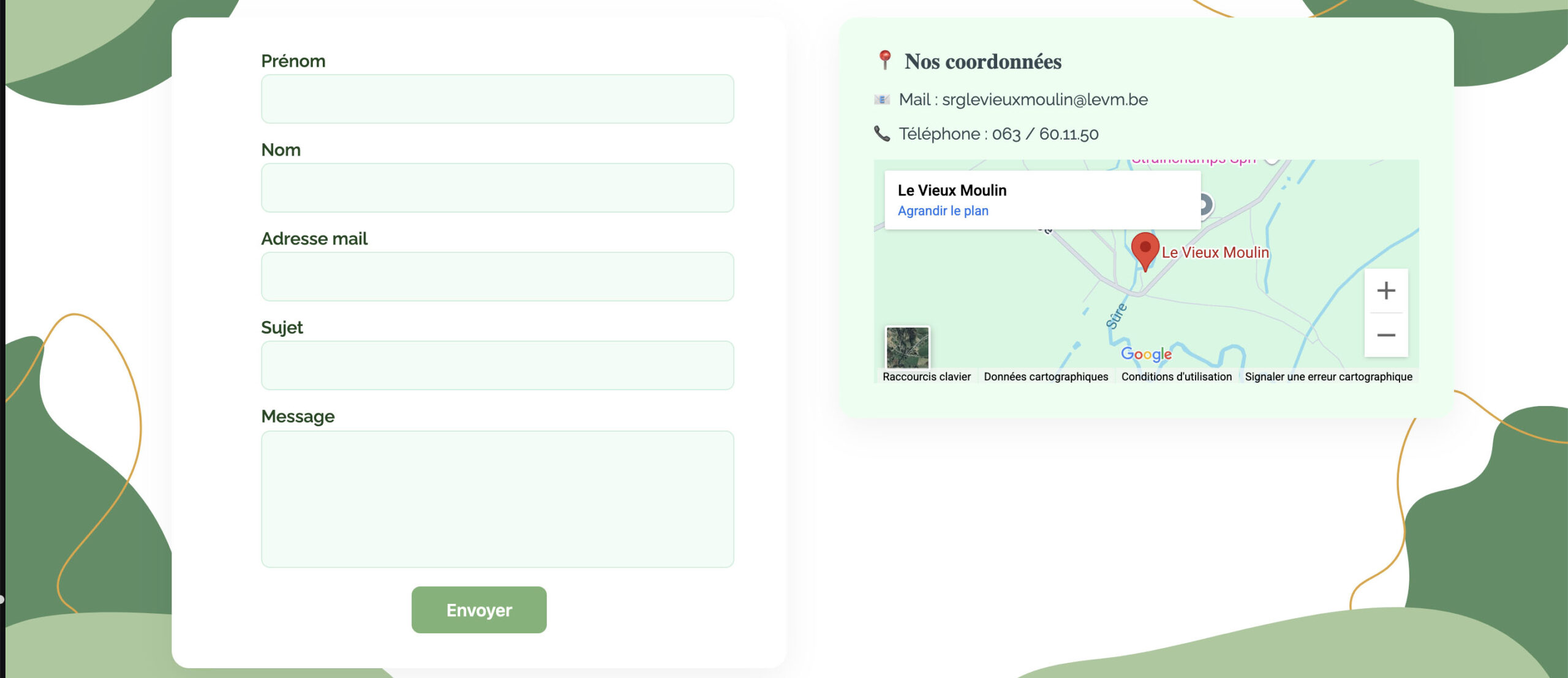 présentation de ma page contact avec un formulaire et les coordonnées du client