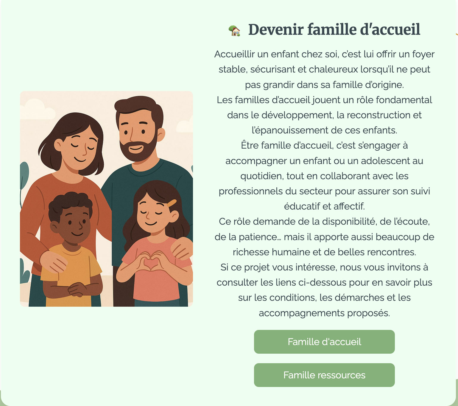 Présentation de la section famille d'accueil avec des boutons qui ramènent sur les sites concernes